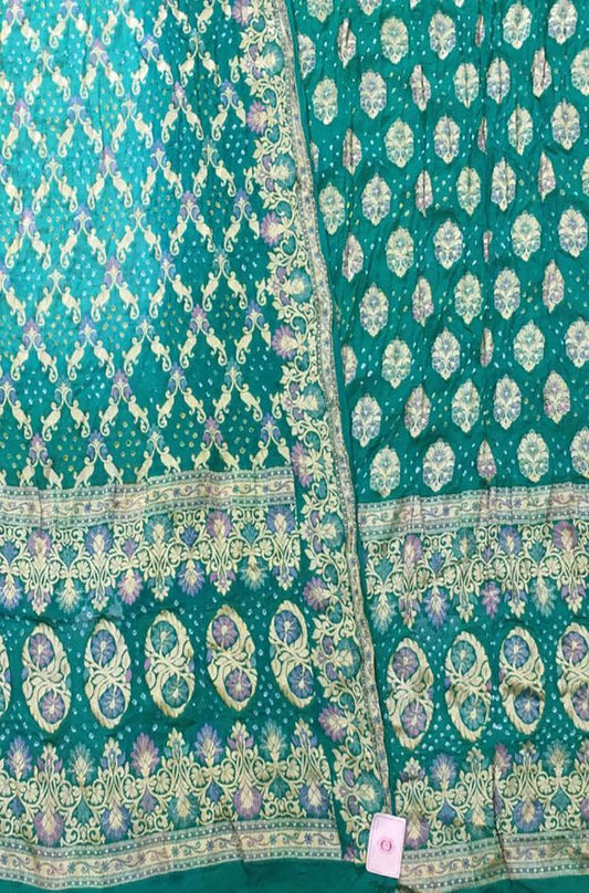 Blue And Green Banarasi Bandhani Pure Georgette Three Piece Unstitched Suit Set