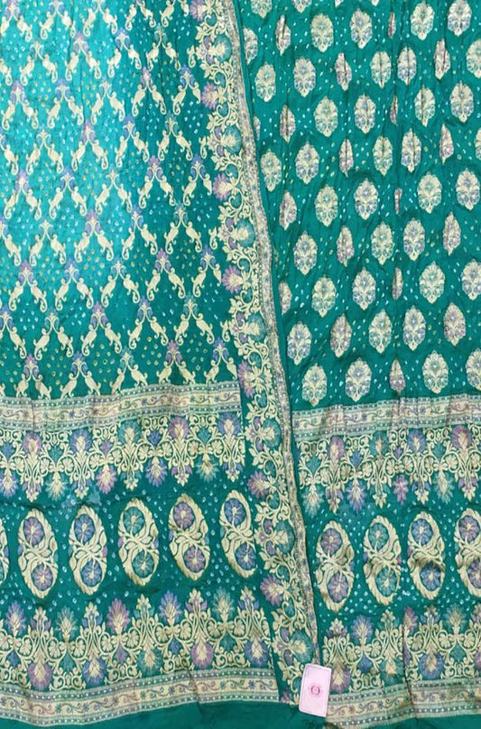 Blue And Green Banarasi Bandhani Pure Georgette Three Piece Unstitched Suit Set - Luxurion World