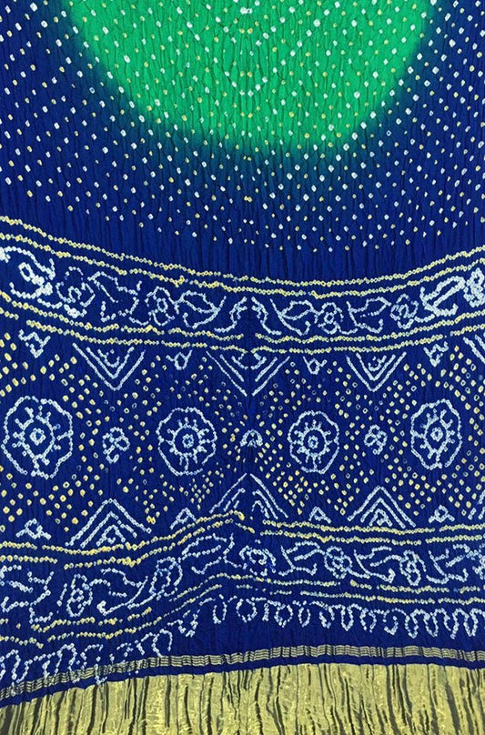 Blue And Green Bandhani Pure Gajji Silk Saree - Luxurion World