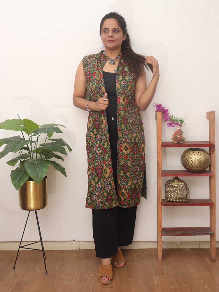 Blue And Green Double Ikat Pure Cotton Reversible Jacket - Luxurion World