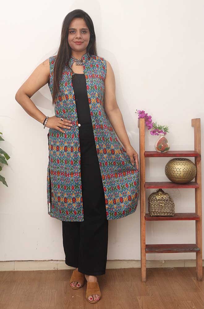Blue And Green Double Ikat Pure Cotton Reversible Jacket - Luxurion World