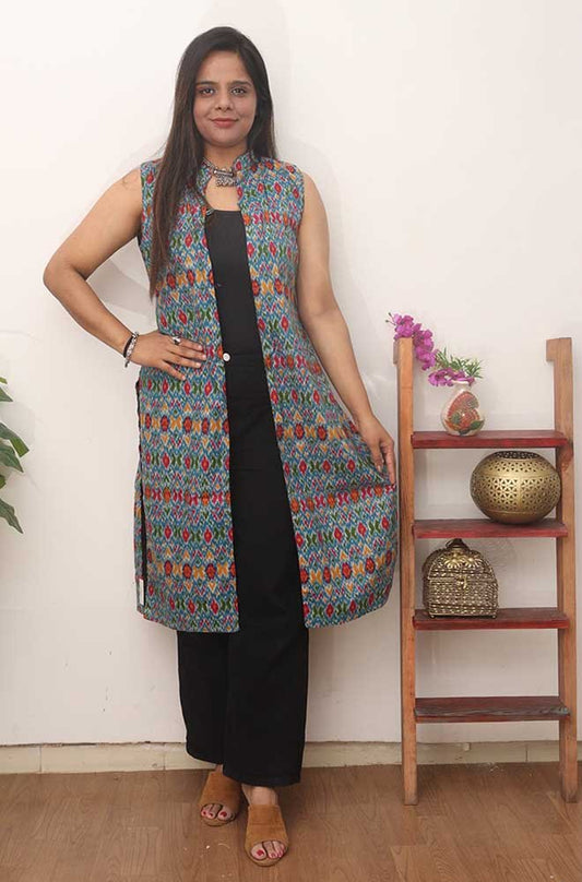 Blue And Green Double Ikat Pure Cotton Reversible Jacket - Luxurion World