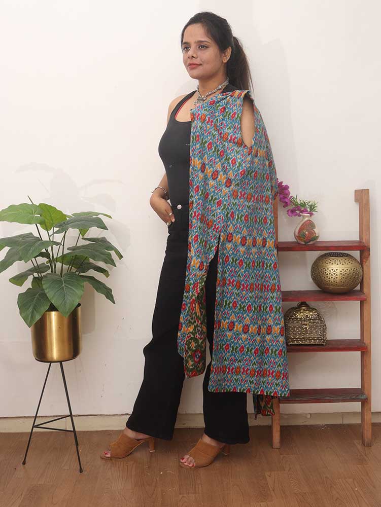 Blue And Green Double Ikat Pure Cotton Reversible Jacket - Luxurion World