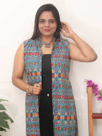 Blue And Green Double Ikat Pure Cotton Reversible Jacket - Luxurion World