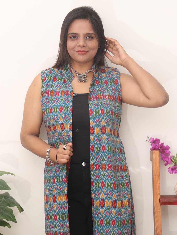 Blue And Green Double Ikat Pure Cotton Reversible Jacket - Luxurion World