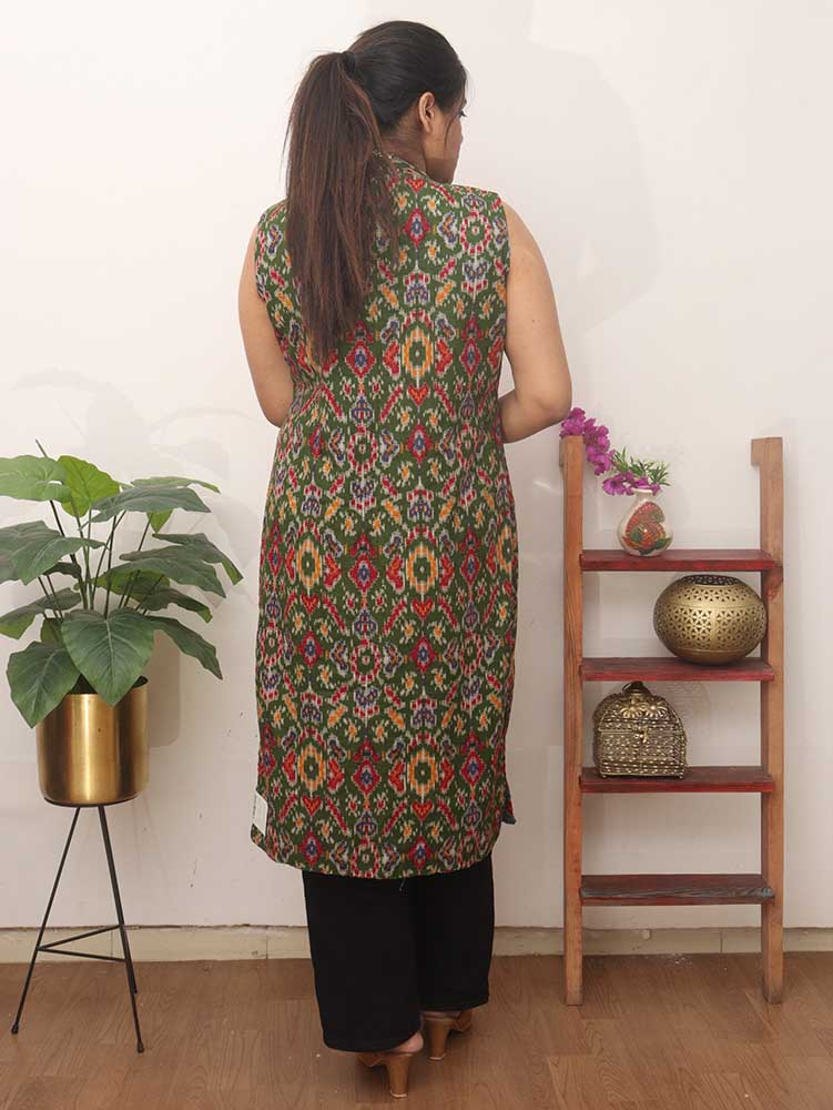 Blue And Green Double Ikat Pure Cotton Reversible Jacket - Luxurion World