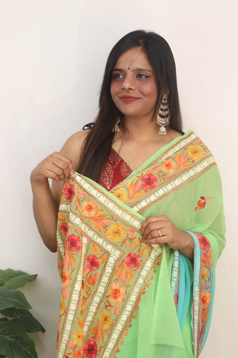 Blue And Green Embroidered Kashmiri Aari Work Georgette Saree - Luxurion World