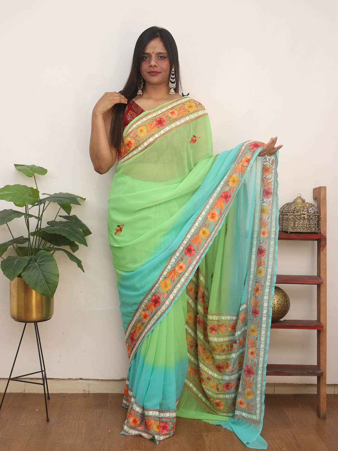 Blue And Green Embroidered Kashmiri Aari Work Georgette Saree - Luxurion World