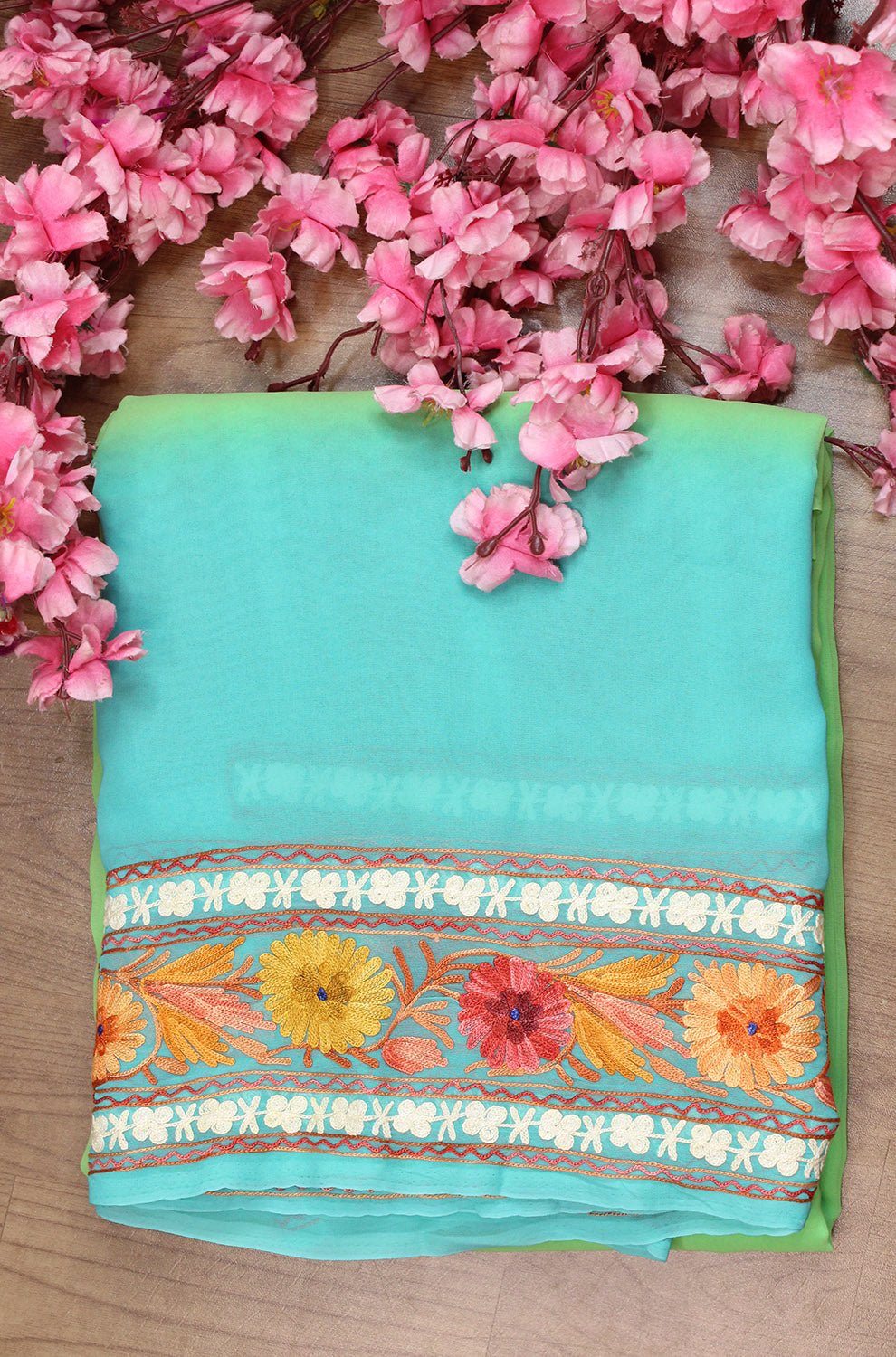 Blue And Green Embroidered Kashmiri Aari Work Georgette Saree - Luxurion World