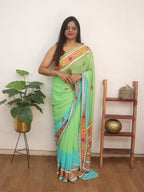 Blue And Green Embroidered Kashmiri Aari Work Georgette Saree - Luxurion World