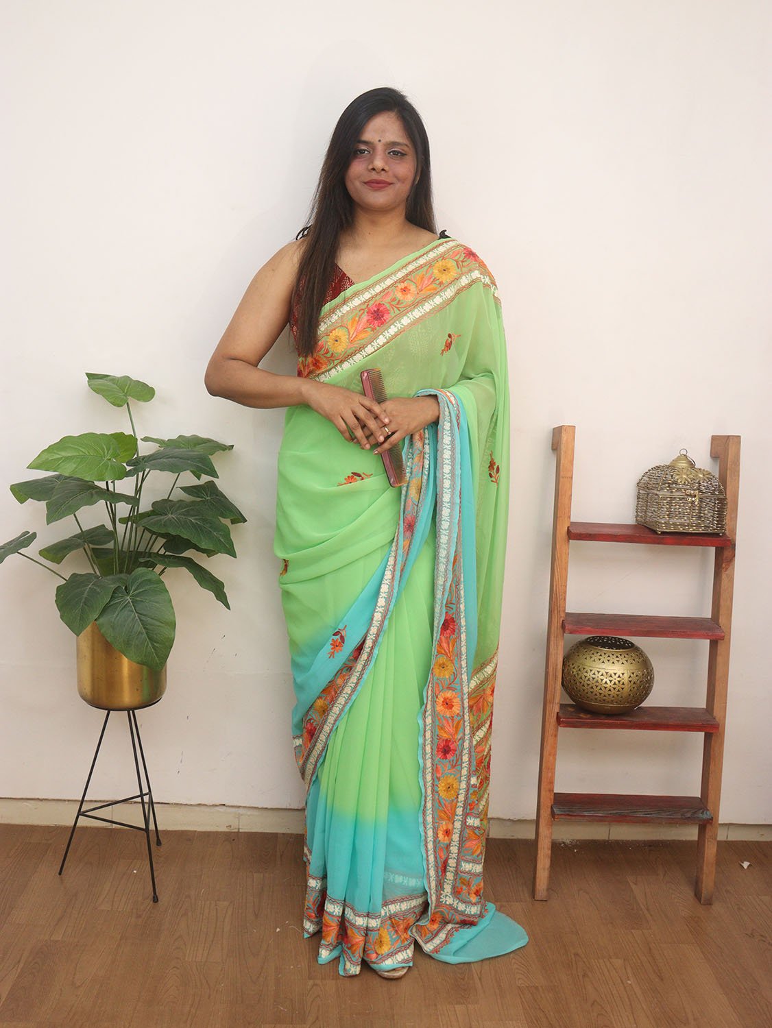 Blue And Green Embroidered Kashmiri Aari Work Georgette Saree - Luxurion World