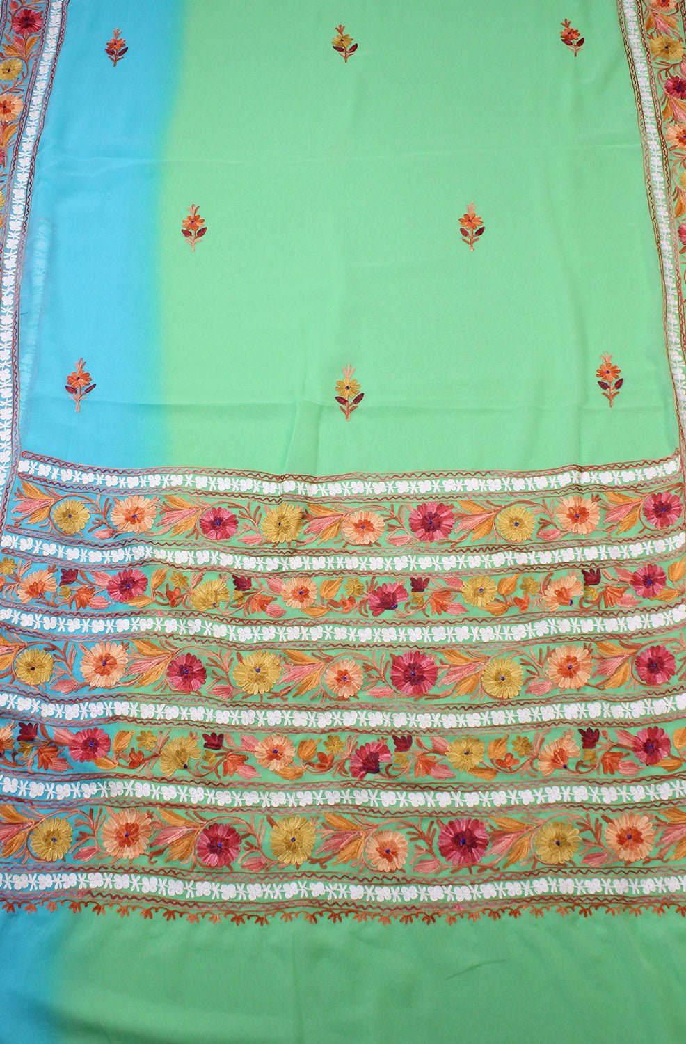 Blue And Green Embroidered Kashmiri Aari Work Georgette Saree - Luxurion World