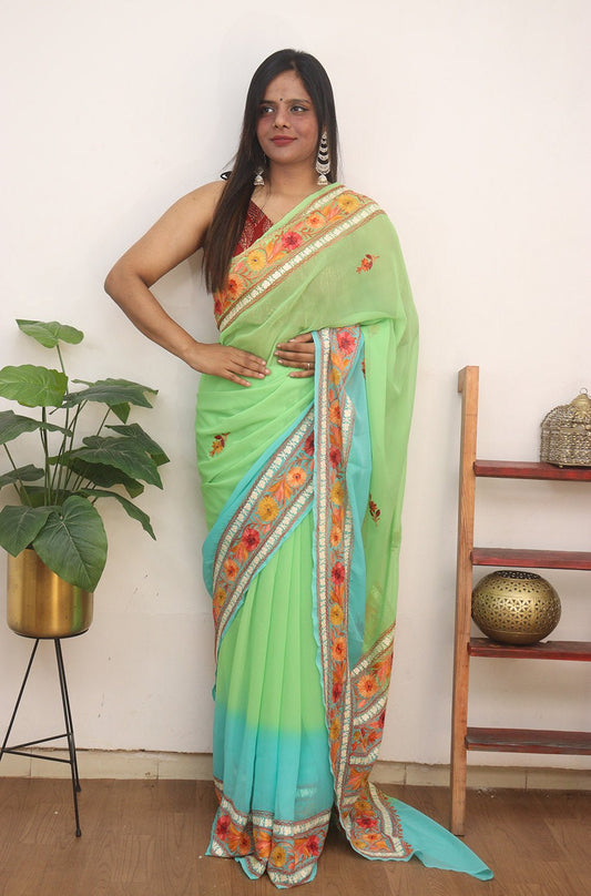 Blue And Green Embroidered Kashmiri Aari Work Georgette Saree - Luxurion World