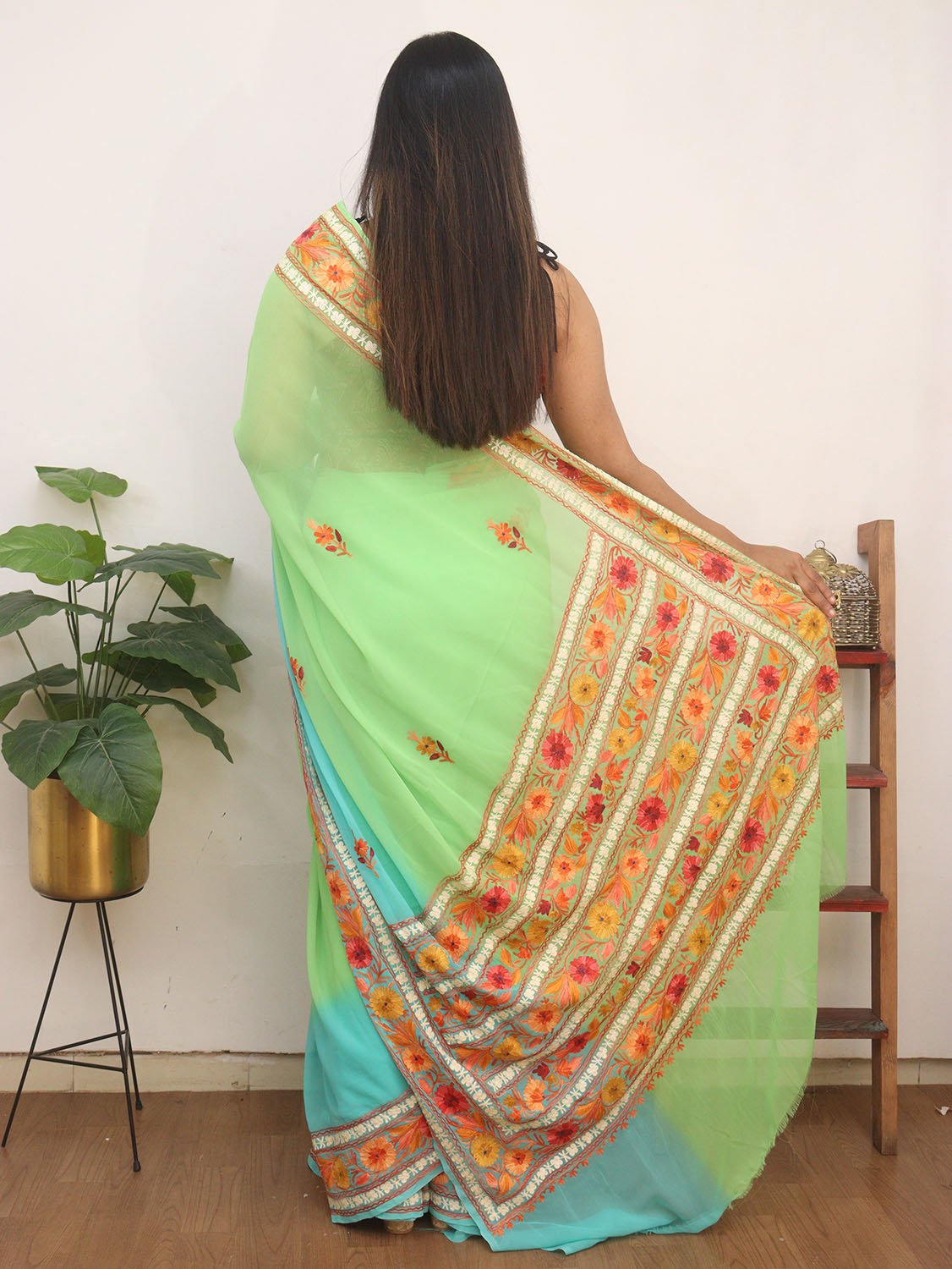 Blue And Green Embroidered Kashmiri Aari Work Georgette Saree - Luxurion World