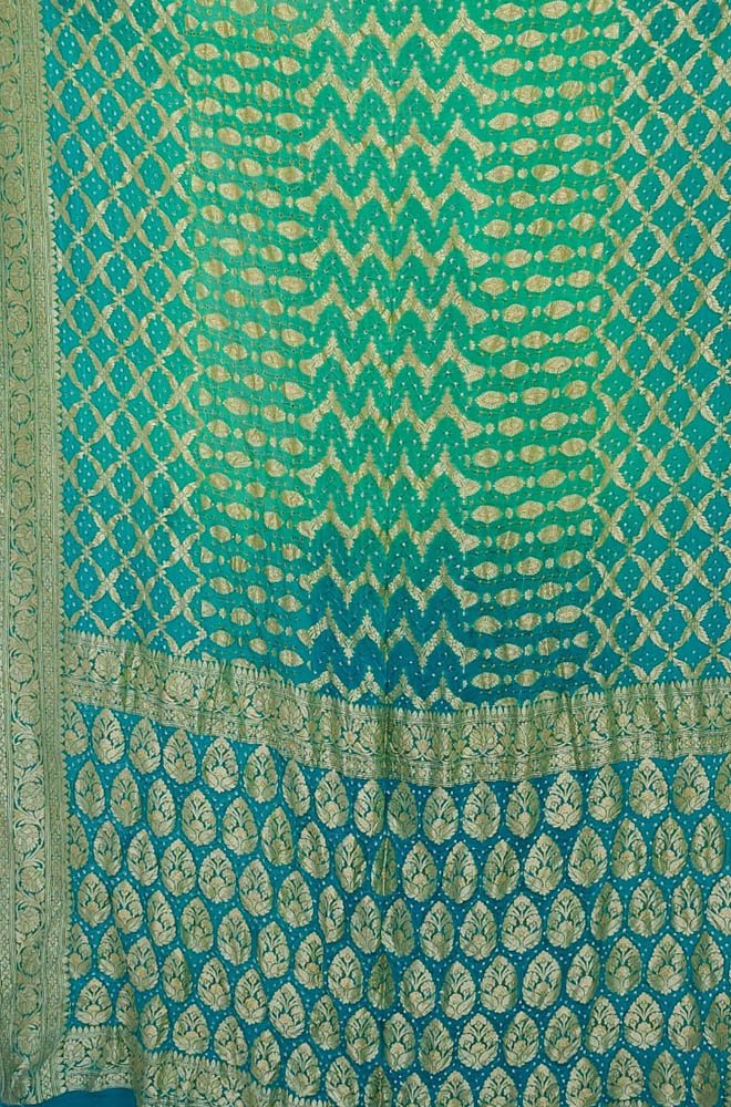 Blue And Green Handloom Banarasi Bandhani Pure Georgette Saree - Luxurion World