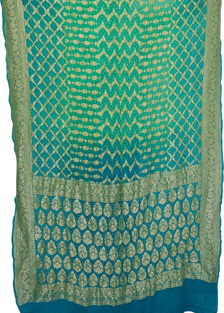 Blue And Green Handloom Banarasi Bandhani Pure Georgette Saree - Luxurion World
