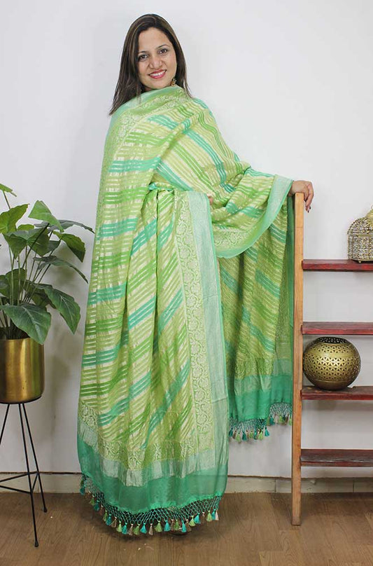 Blue And Green Handloom Banarasi Pure Georgette Brush Dye Dupatta - Luxurion World