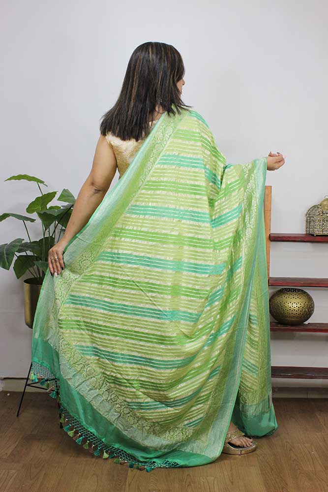 Blue And Green Handloom Banarasi Pure Georgette Brush Dye Dupatta