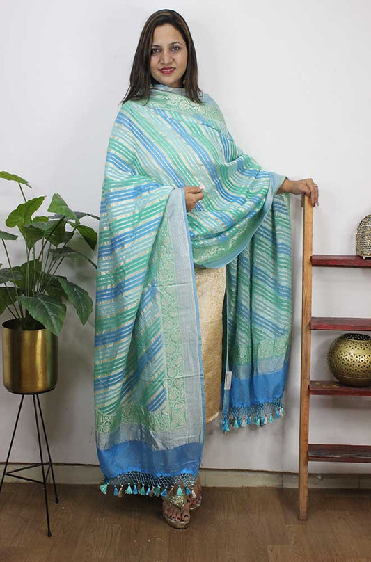 Blue And Green Handloom Banarasi Pure Georgette Brush Dye Dupatta - Luxurion World