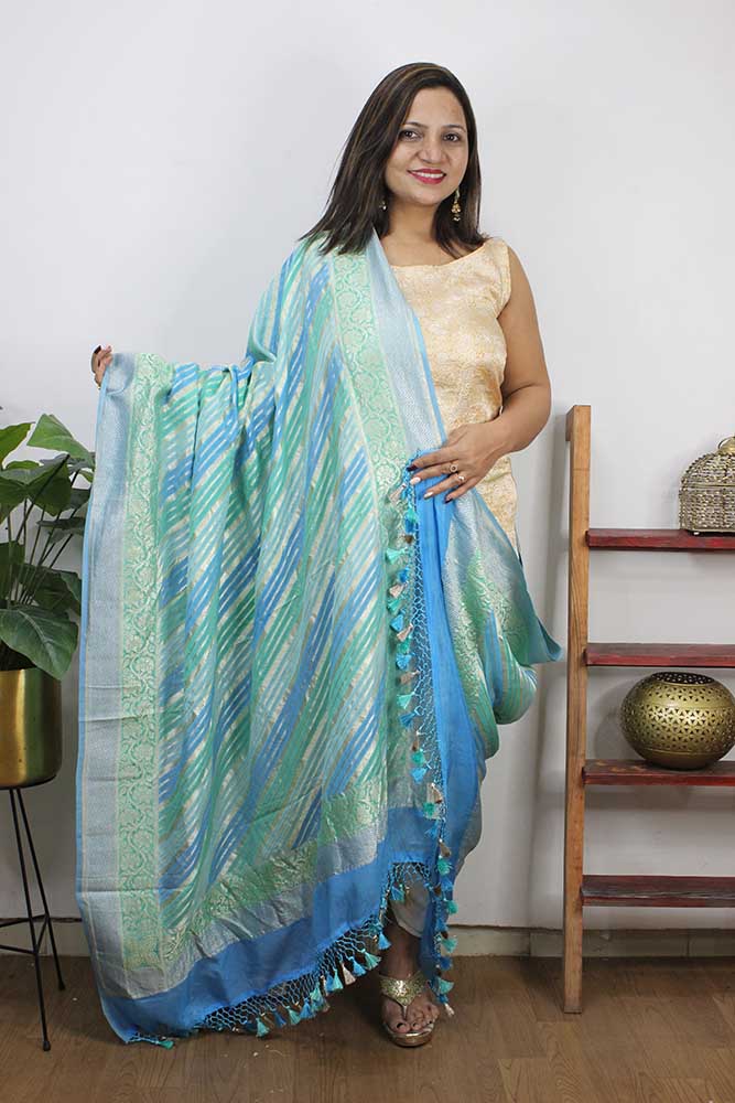 Blue And Green Handloom Banarasi Pure Georgette Brush Dye Dupatta - Luxurion World