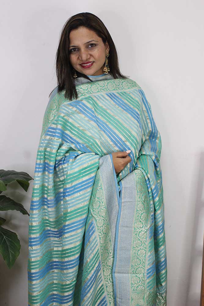 Blue And Green Handloom Banarasi Pure Georgette Brush Dye Dupatta - Luxurion World