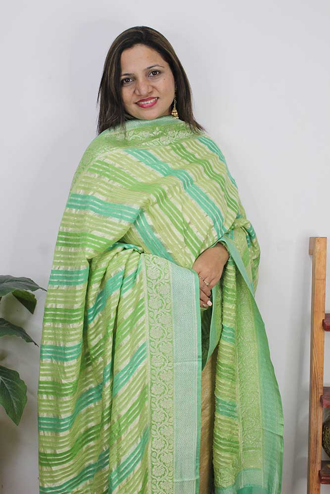 Blue And Green Handloom Banarasi Pure Georgette Brush Dye Dupatta - Luxurion World
