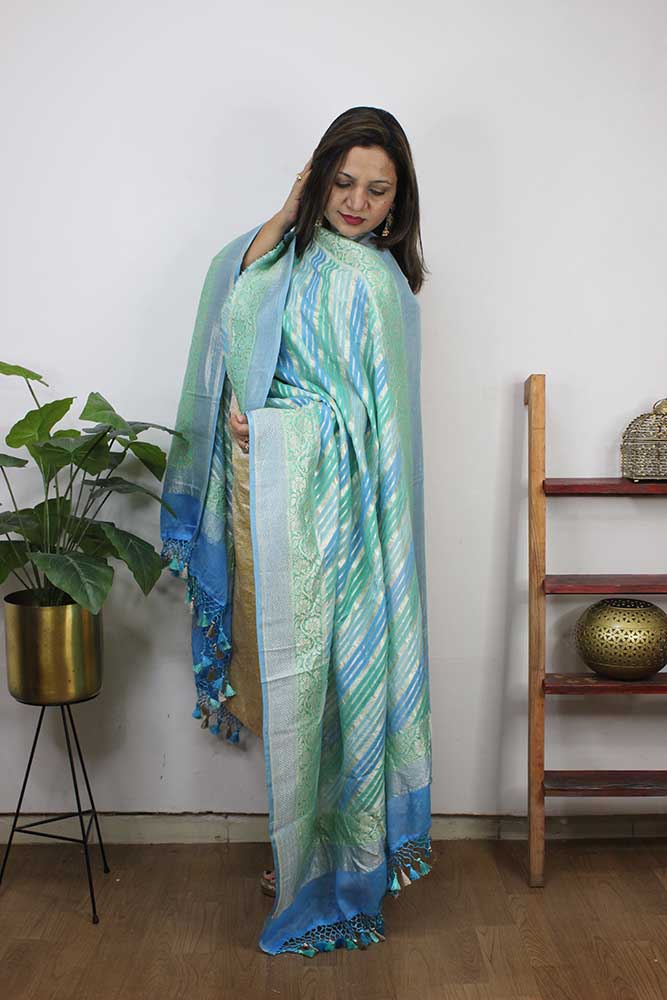 Blue And Green Handloom Banarasi Pure Georgette Brush Dye Dupatta - Luxurion World