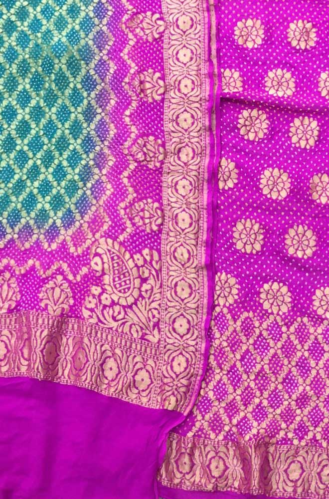Blue And Pink Banarasi Bandhani Pure Georgette Three Piece Unstitched Suit Set - Luxurion World