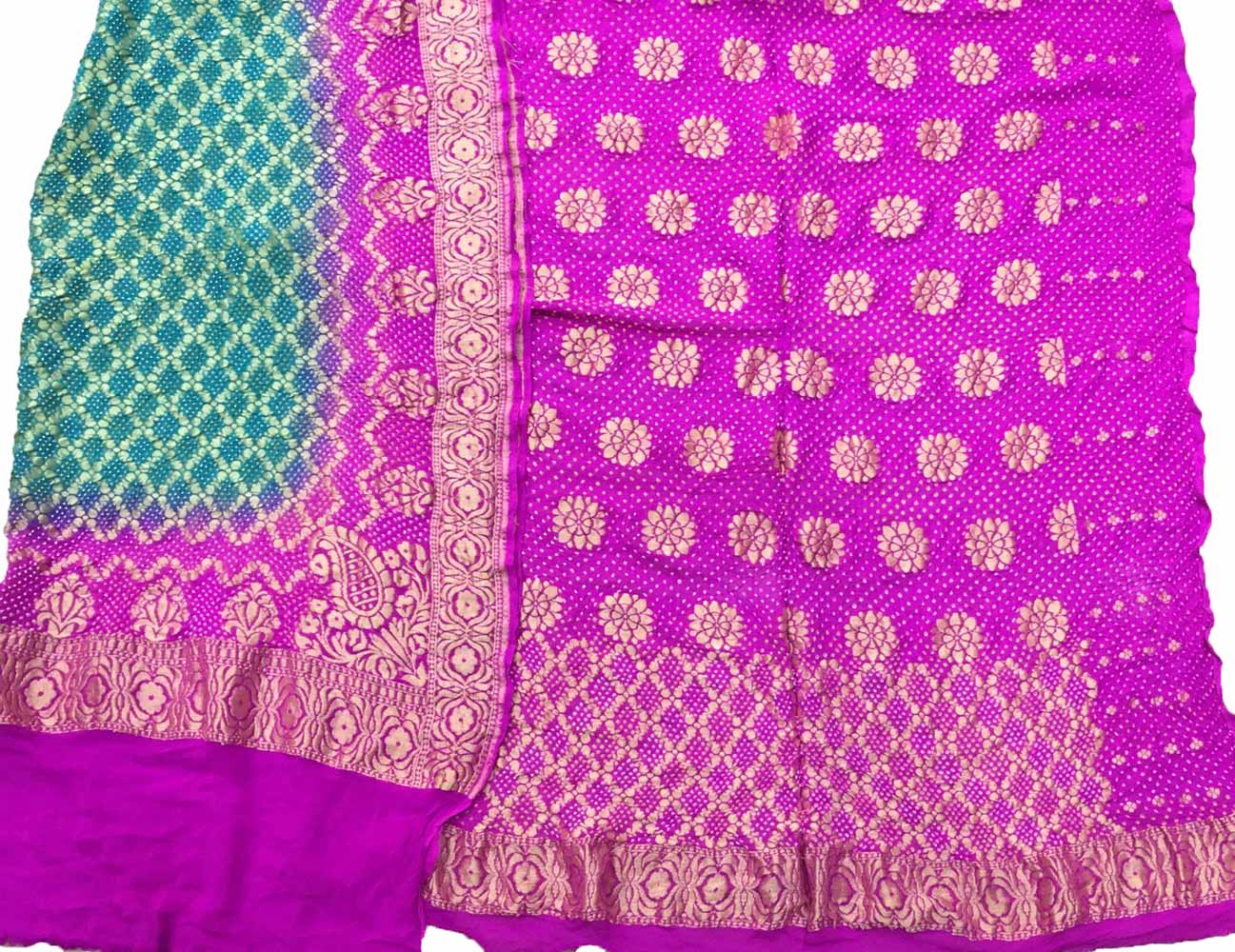 Blue And Pink Banarasi Bandhani Pure Georgette Three Piece Unstitched Suit Set - Luxurion World