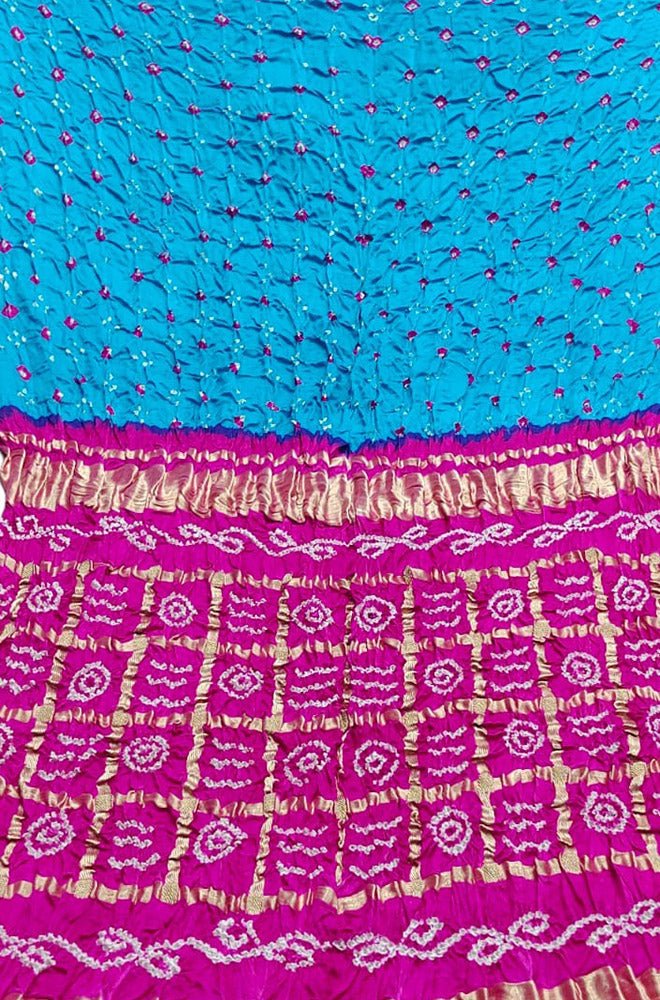 Blue And Pink Checks Bandhani Gajji Silk Gharchola Saree - Luxurion World