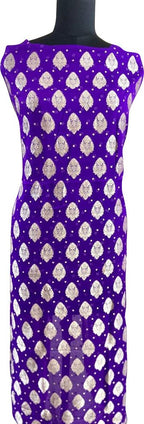 Blue And Purple Shot Banarasi Pure Georgette Two Piece Unstitched Leaf Design Suit Set - Luxurion World