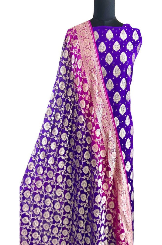 Blue And Purple Shot Banarasi Pure Georgette Two Piece Unstitched Leaf Design Suit Set - Luxurion World