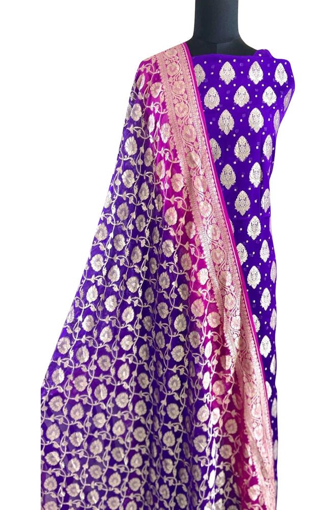 Blue And Purple Shot Banarasi Pure Georgette Two Piece Unstitched Leaf Design Suit Set - Luxurion World