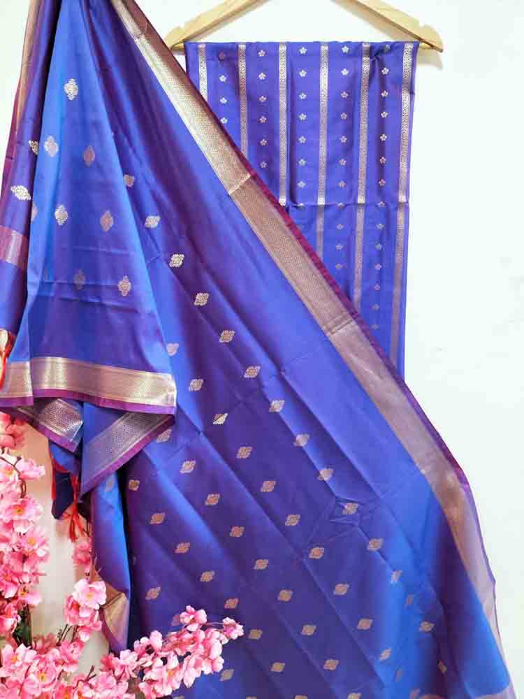 Blue And Purple Shot Banarasi Silk Three Piece Unstitched Suit Set - Luxurion World