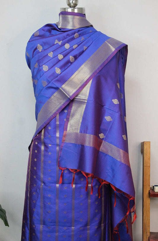 Blue And Purple Shot Banarasi Silk Three Piece Unstitched Suit Set - Luxurion World