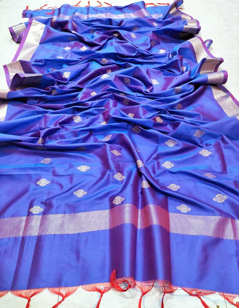 Blue And Purple Shot Banarasi Silk Three Piece Unstitched Suit Set