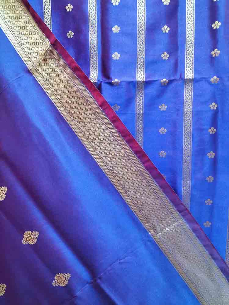 Blue And Purple Shot Banarasi Silk Three Piece Unstitched Suit Set - Luxurion World