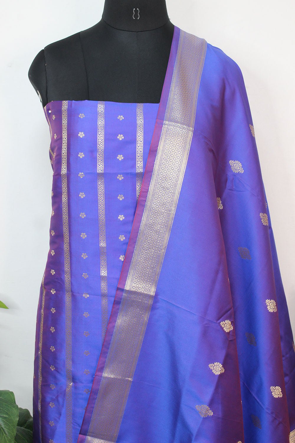 Blue And Purple Shot Banarasi Silk Three Piece Unstitched Suit Set - Luxurion World