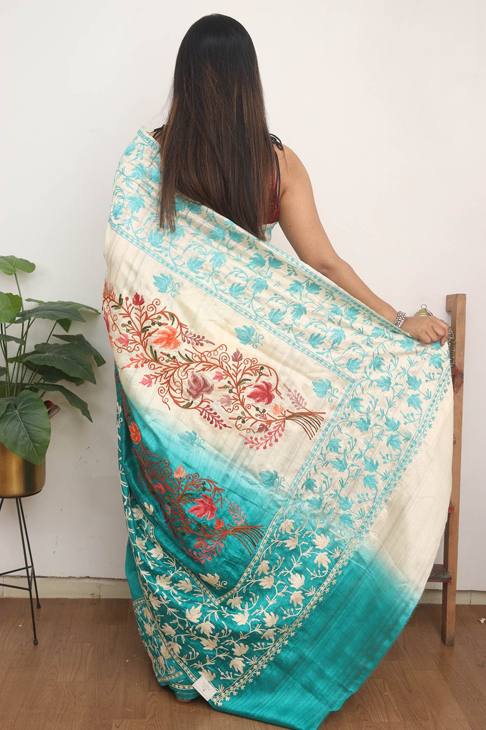 Blue And White Embroidered Kashmiri Aari Work Tussar Silk Saree - Luxurion World