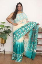 Blue And White Embroidered Kashmiri Aari Work Tussar Silk Saree - Luxurion World