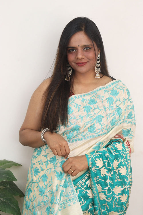 Blue And White Embroidered Kashmiri Aari Work Tussar Silk Saree - Luxurion World