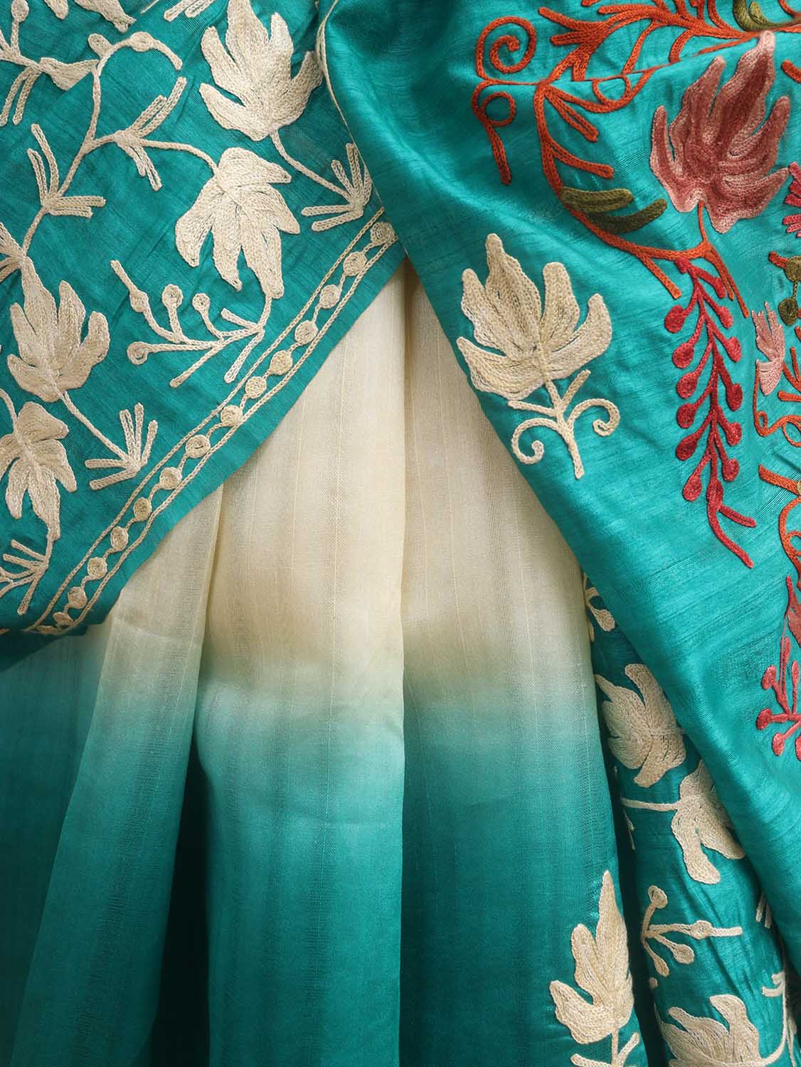 Blue And White Embroidered Kashmiri Aari Work Tussar Silk Saree - Luxurion World
