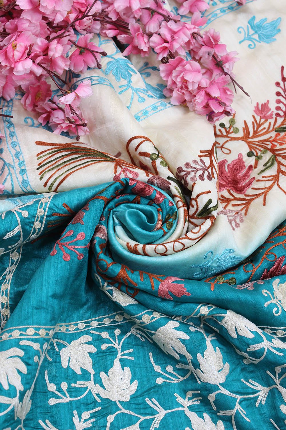 Blue And White Embroidered Kashmiri Aari Work Tussar Silk Saree - Luxurion World