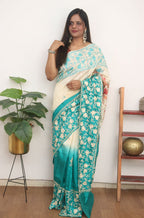 Blue And White Embroidered Kashmiri Aari Work Tussar Silk Saree - Luxurion World