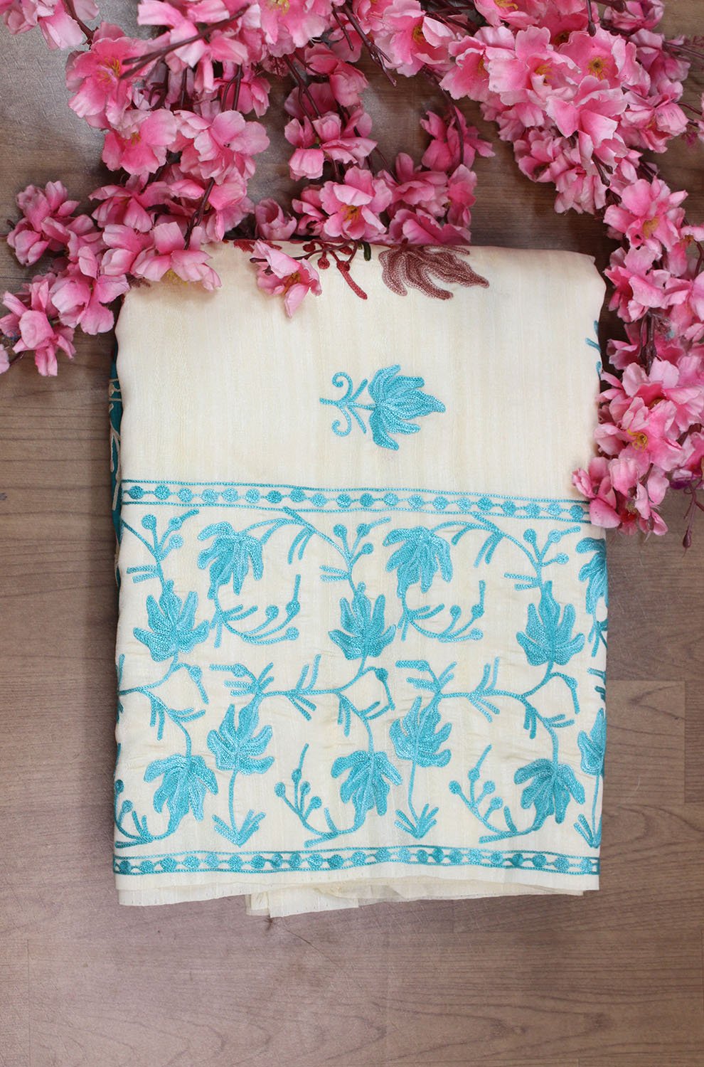 Blue And White Embroidered Kashmiri Aari Work Tussar Silk Saree - Luxurion World