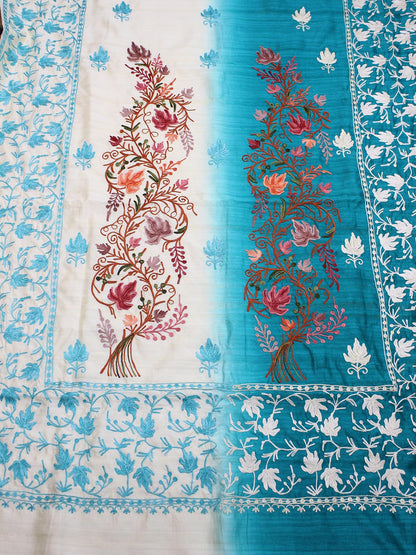 Blue And White Embroidered Kashmiri Aari Work Tussar Silk Saree - Luxurion World