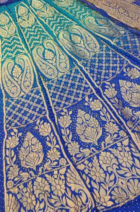 Blue Banarasi Bandhani Pure Georgette Neemzari Unstitched Lehenga Set - Luxurion World