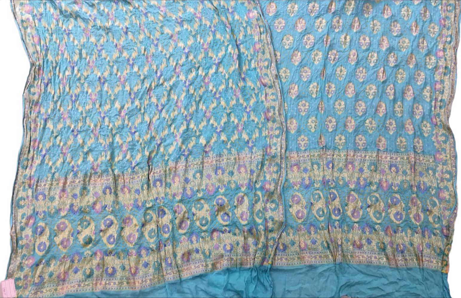 Blue Banarasi Bandhani Pure Georgette Three Piece Unstitched Suit Set - Luxurion World