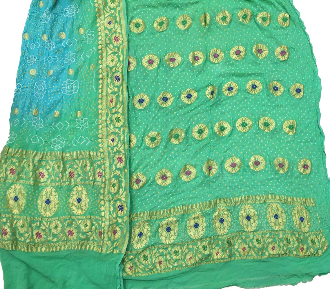 Blue Banarasi Bandhani Pure Georgette Three Piece Unstitched Suit Set - Luxurion World
