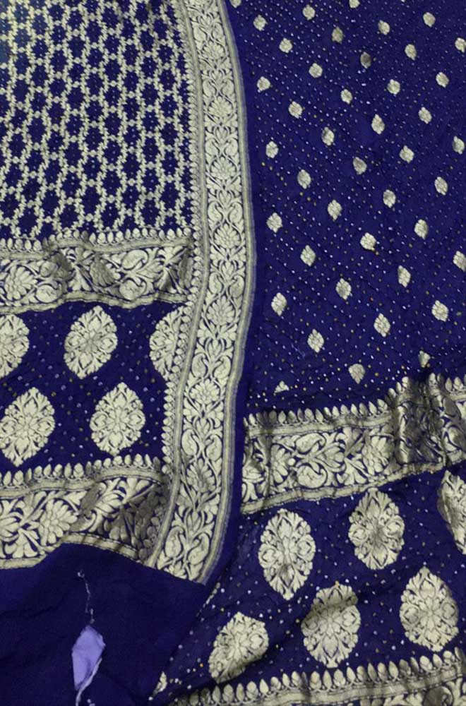 Blue Banarasi Bandhani Pure Georgette Three Piece Unstitched Suit Set - Luxurion World